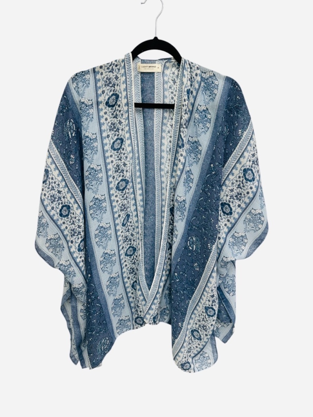Lucky Brand Easy Printed Kimono blue white boho floral flowy festival One Size - Picture 2 of 10
